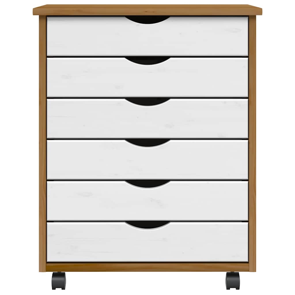 MOSS cabinet with castors and drawers, brown, solid pine
