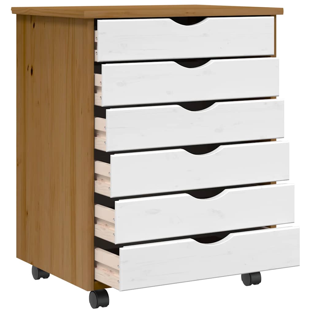 MOSS cabinet with castors and drawers, brown, solid pine