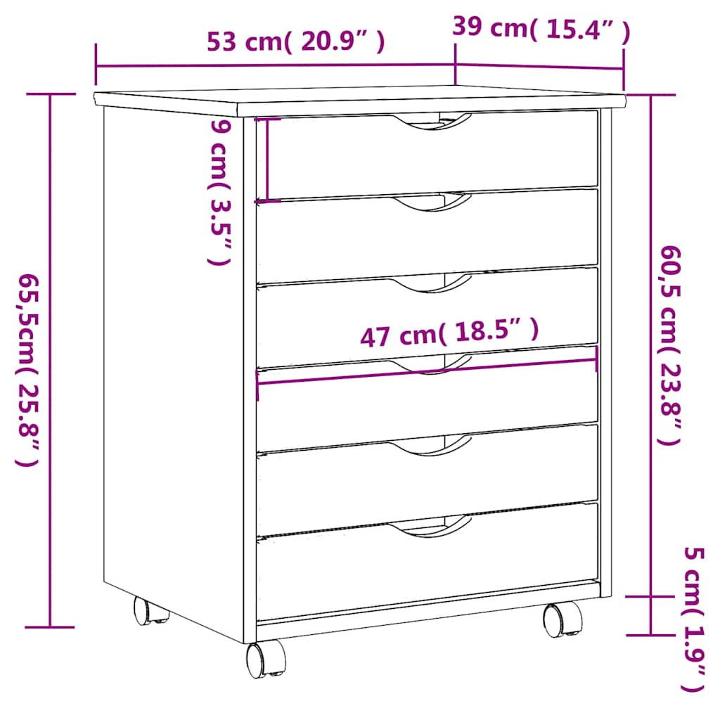 MOSS cabinet with castors and drawers, brown, solid pine
