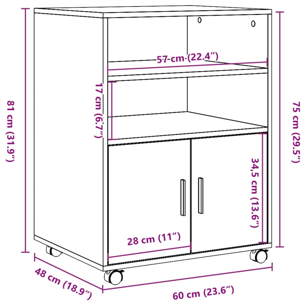 Cabinet with wheels, concrete, 60x48x81cm, treated wood