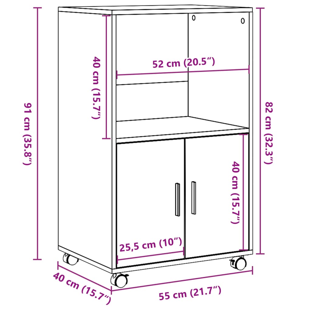 Cabinet with castors, smoky oak, 55x40x91cm, wood