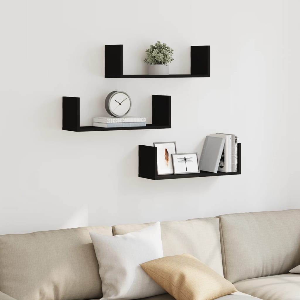 Wall shelves, 3 pcs, black, 58x18x18cm, engineered wood