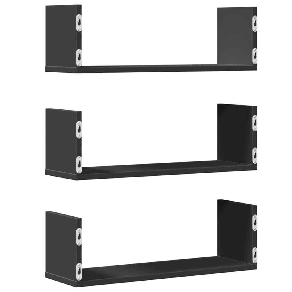 Wall shelves, 3 pcs, black, 58x18x18cm, engineered wood