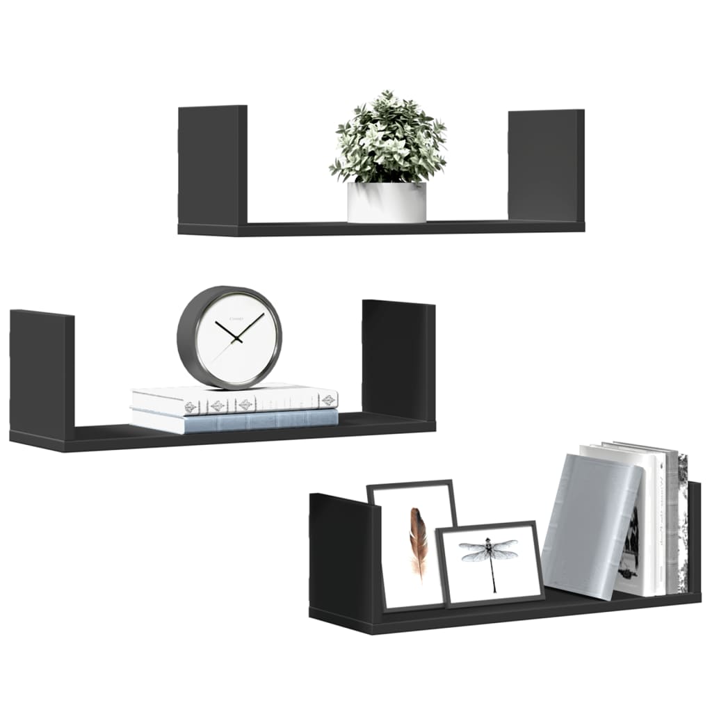 Wall shelves, 3 pcs, black, 58x18x18cm, engineered wood