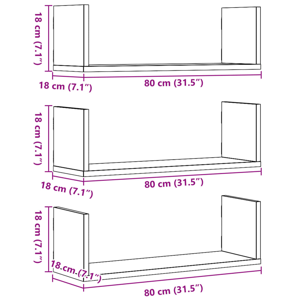 Wall shelves, 3 pcs, artisan oak, 80x18x18cm, wood