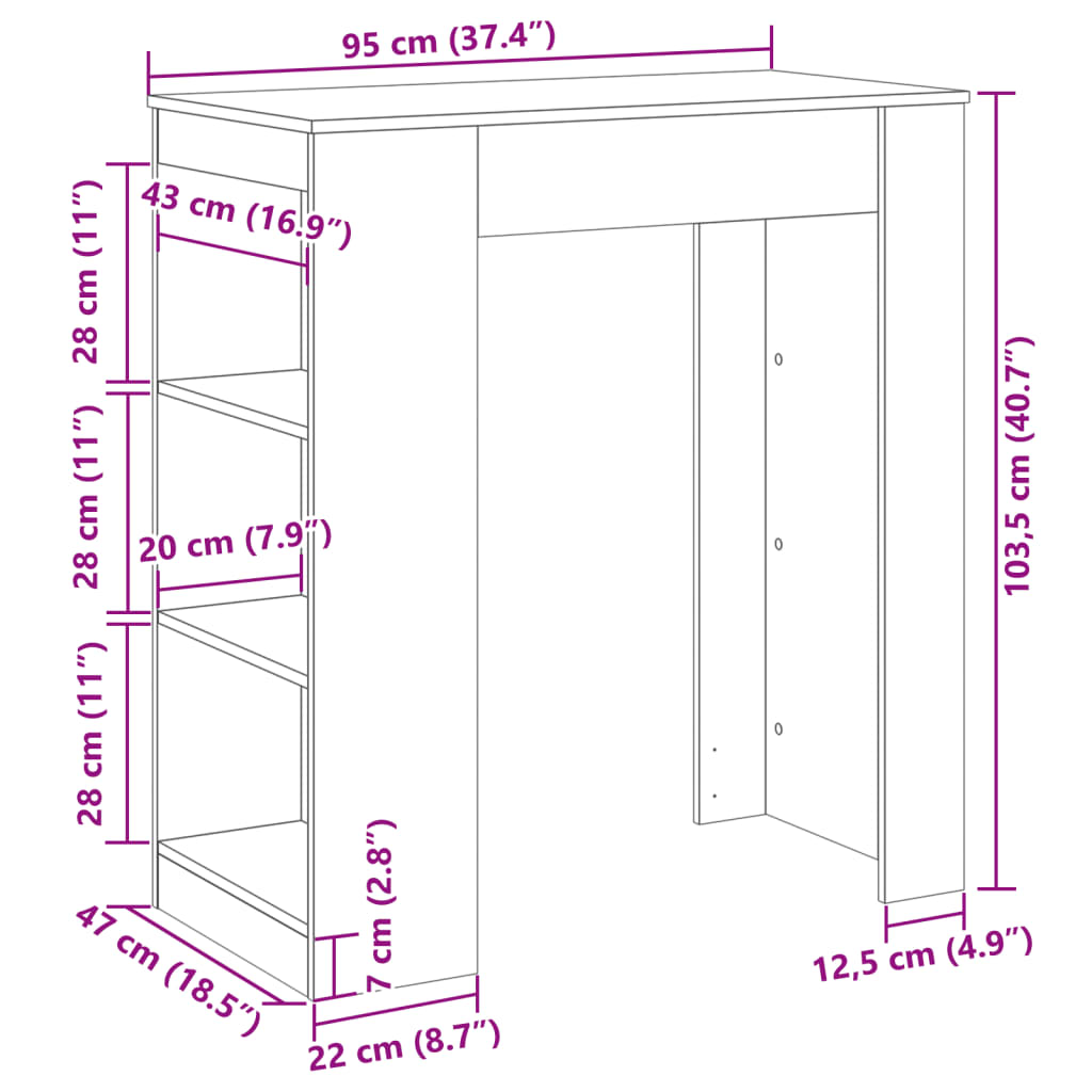 Bar table with shelves, grey, 95x47x103.5cm, wood