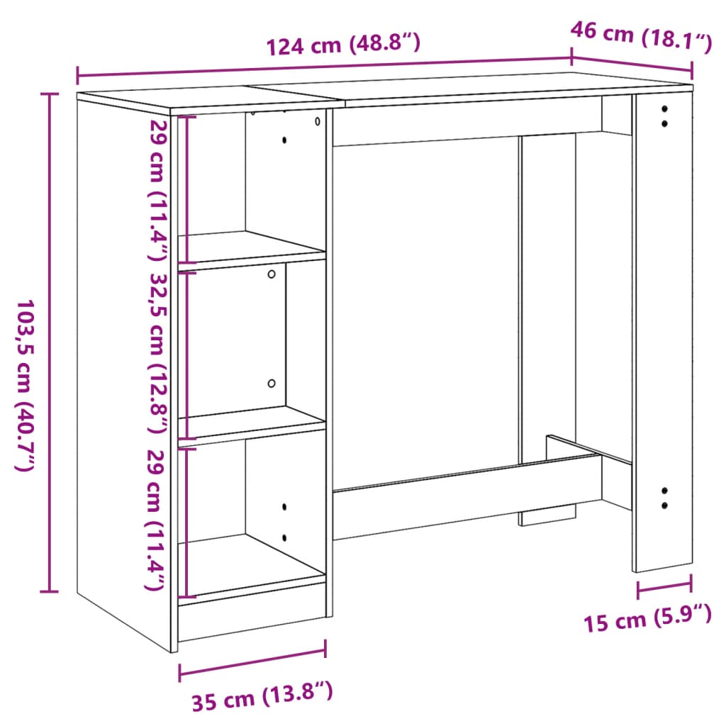 Bar table with shelf, brown oak, 124x46x103.5cm, wood