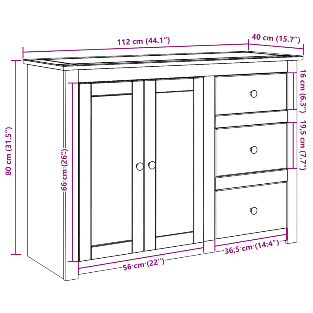 Pine Sideboard with Drawers Panama, 112x40x80cm