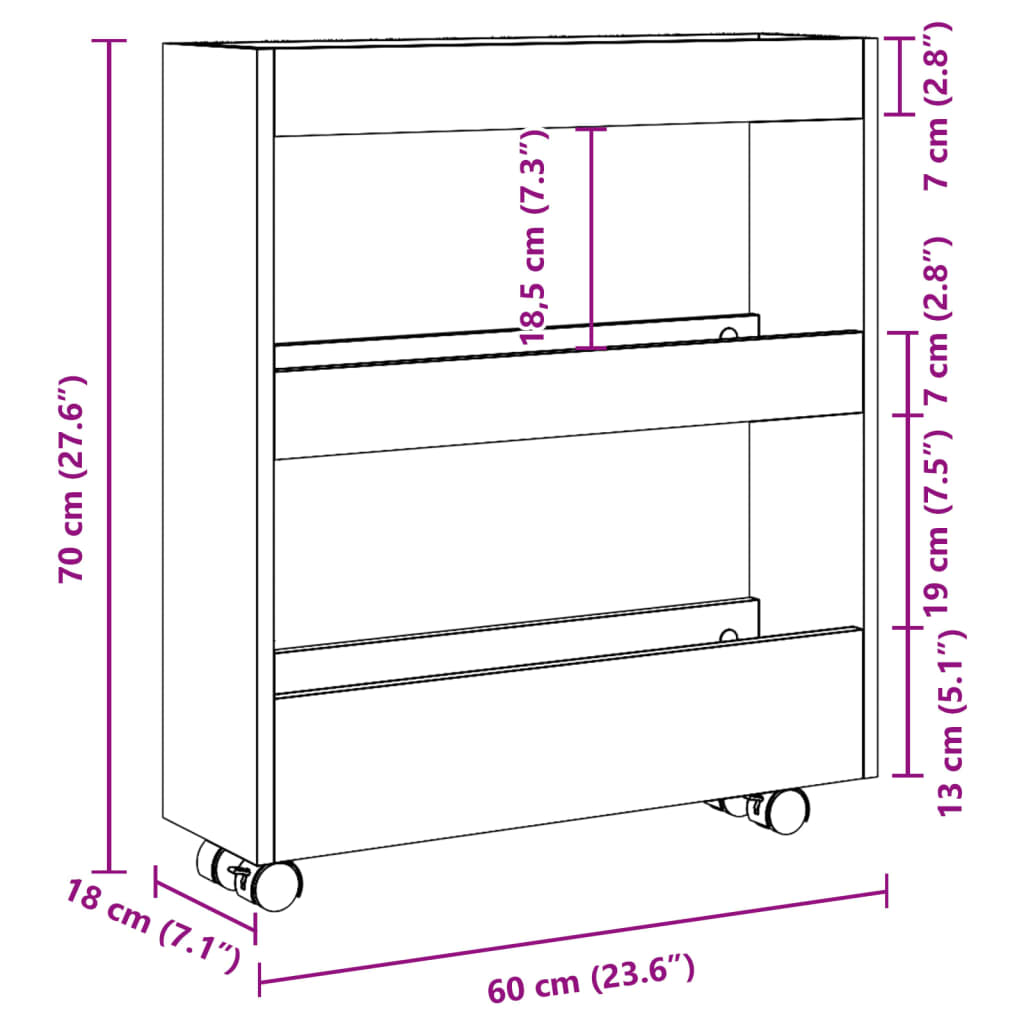 Narrow trolley for items, 3-tier, concrete, treated wood