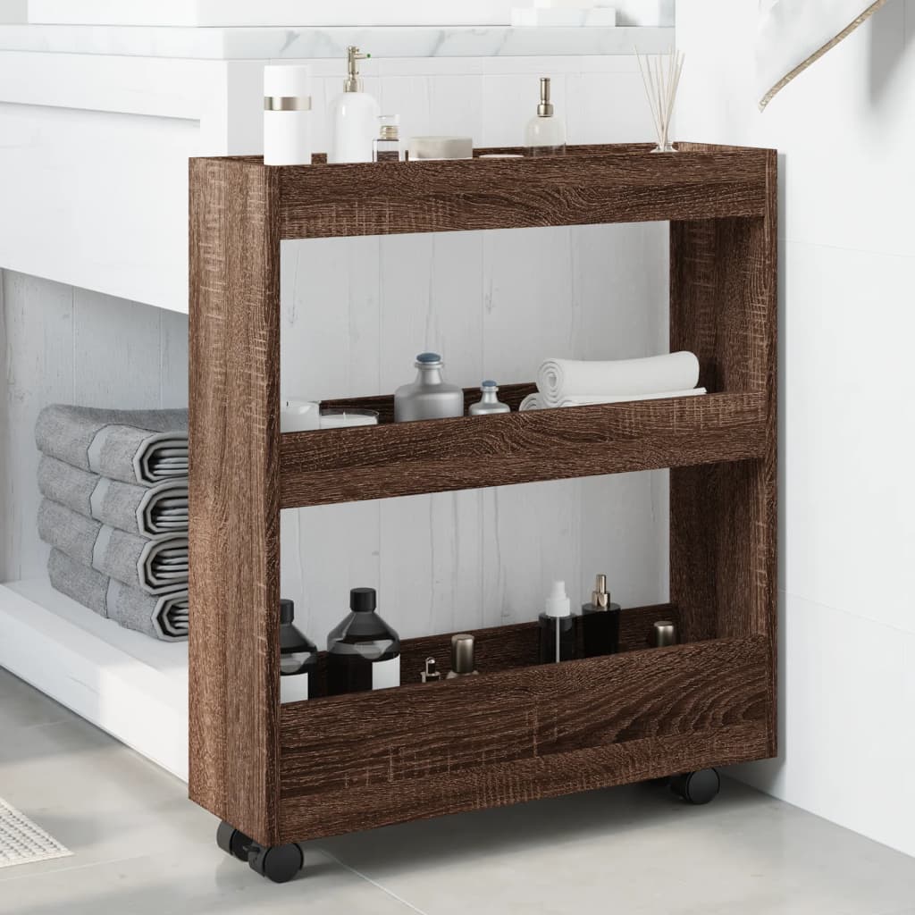 Narrow trolley for items, 3-tier, brown oak, wood