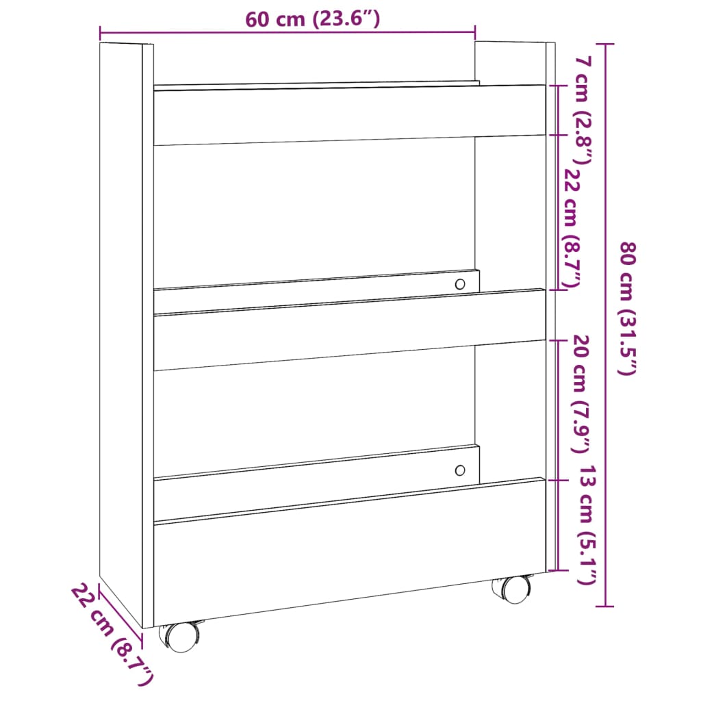 Narrow trolley for items, 3-tier, white, treated wood