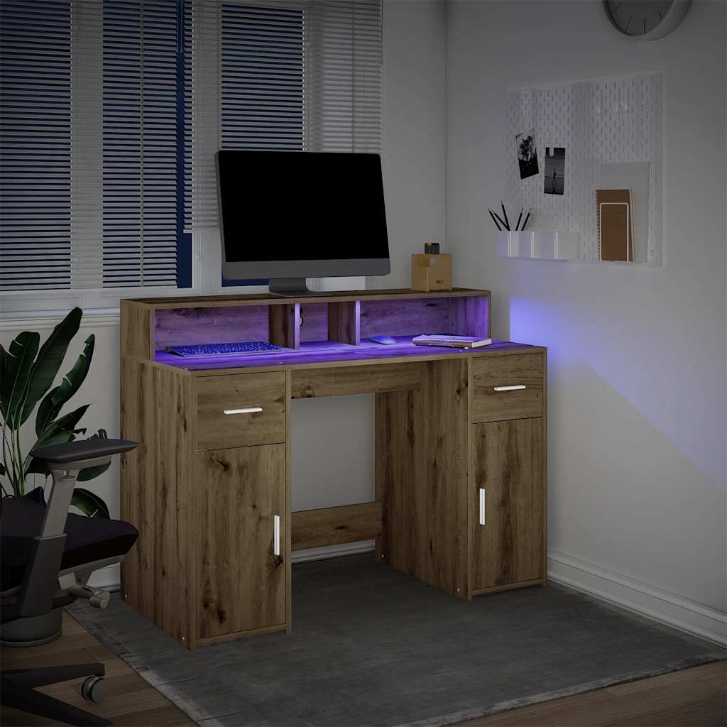 Rašomasis stalas su LED, artisano ąžuolo, 120x55x91cm, mediena