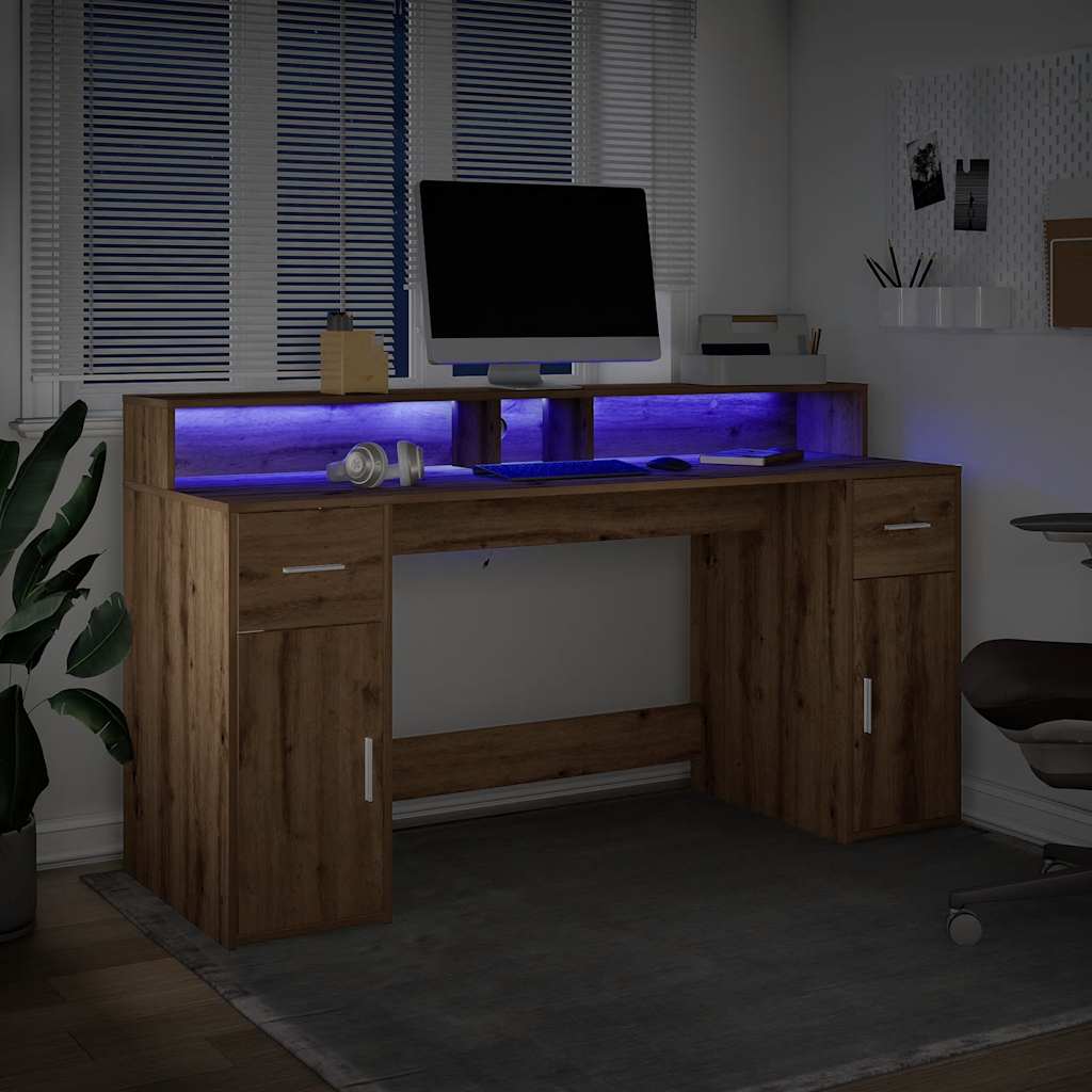 Rašomasis stalas su LED, artisano ąžuolo, 160x55x91cm, mediena