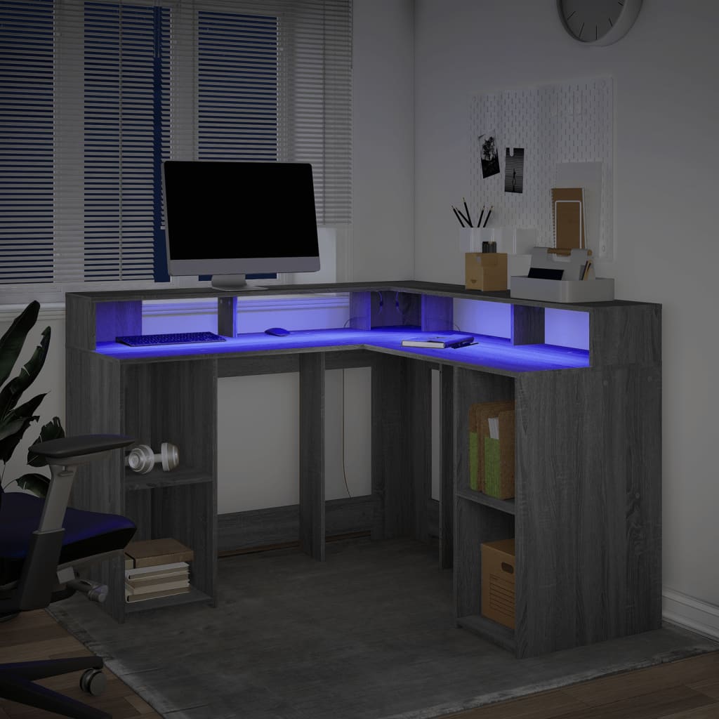 Rašomasis stalas su LED, pilkas ąžuolo, 130x130x91cm, mediena