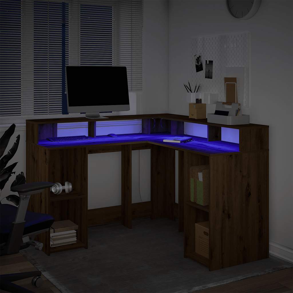 Rašomasis stalas su LED, artisano ąžuolo, 130x130x91cm, mediena