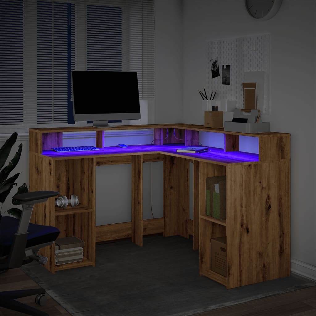 Rašomasis stalas su LED, artisano ąžuolo, 130x130x91cm, mediena