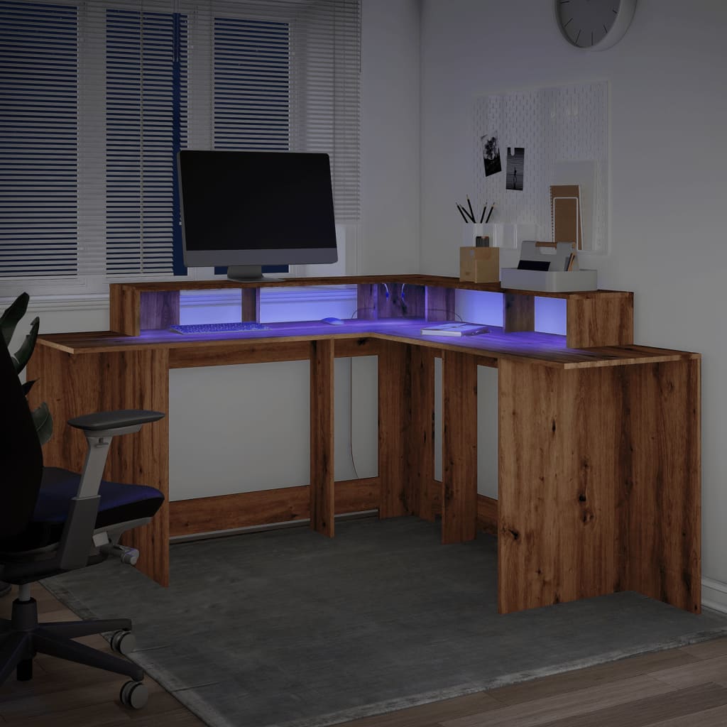 Rašomasis stalas su LED, artisano ąžuolo, 152x152x91cm, mediena