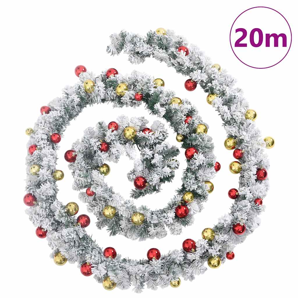 Christmas garland with baubles and LED lights green 20m PVC