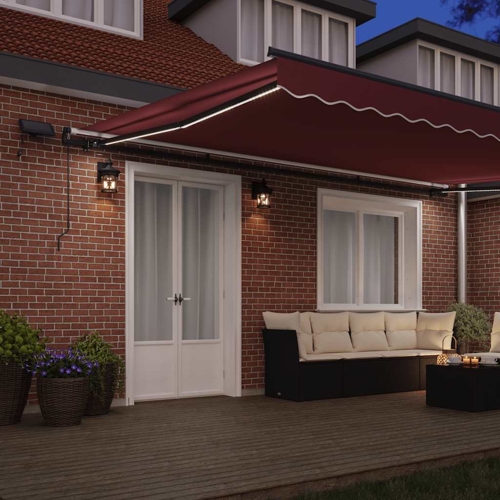 Manual retractable awning with LED, burgundy, 500x300cm