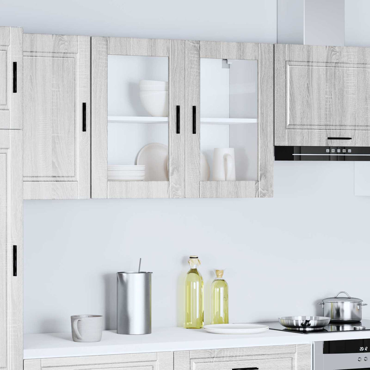 Kitchen cabinet with glass doors, Porto, grey