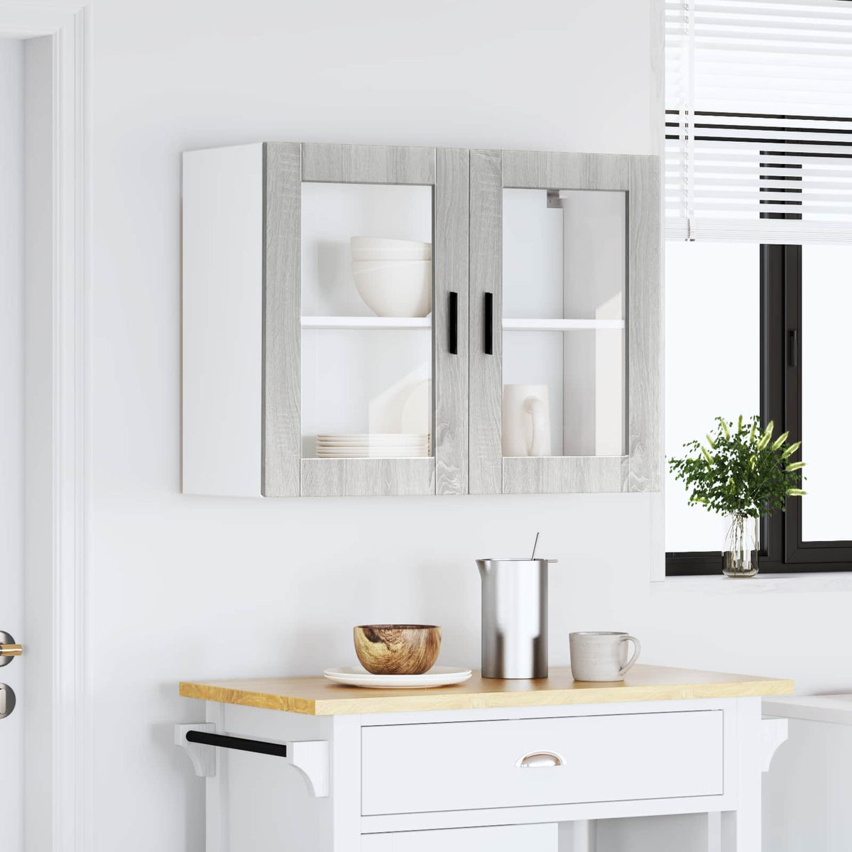 Kitchen cabinet with glass doors, Porto, grey