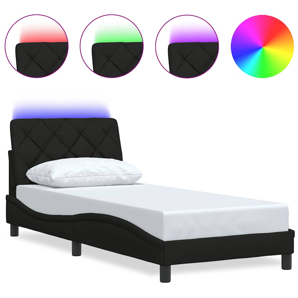 Lovos rėmas su LED be čiužinio, juodas, 90x190 cm, audinys