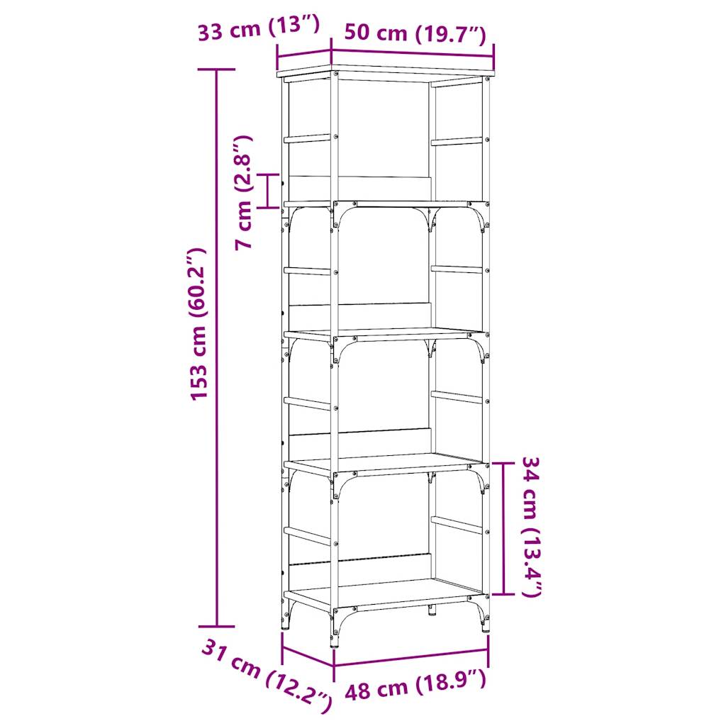 Bookcase, artisan oak, 50x33x153cm, engineered wood