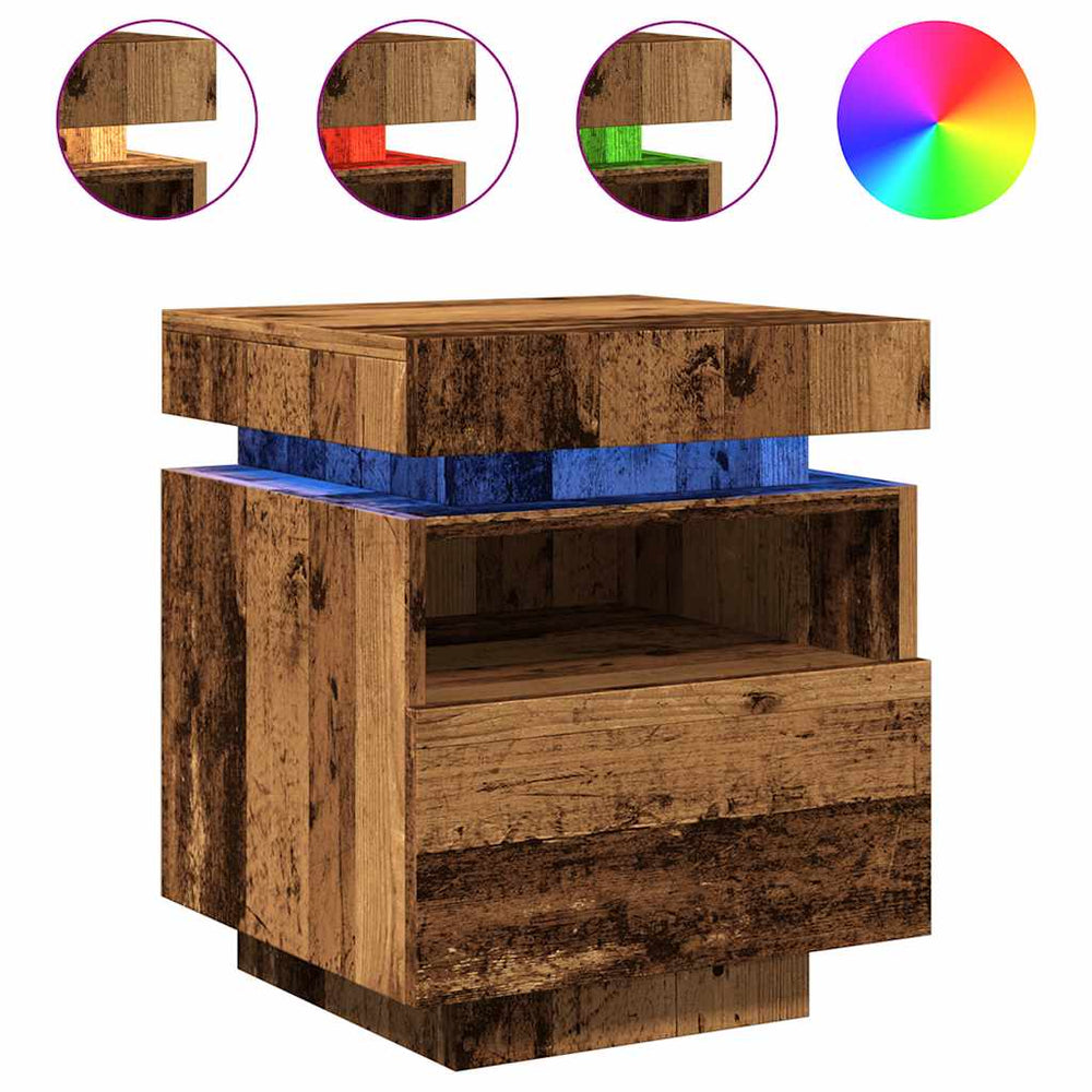 naktinė spintelė su LED lemputėmis, sena mediena 40x39x48,5 cm