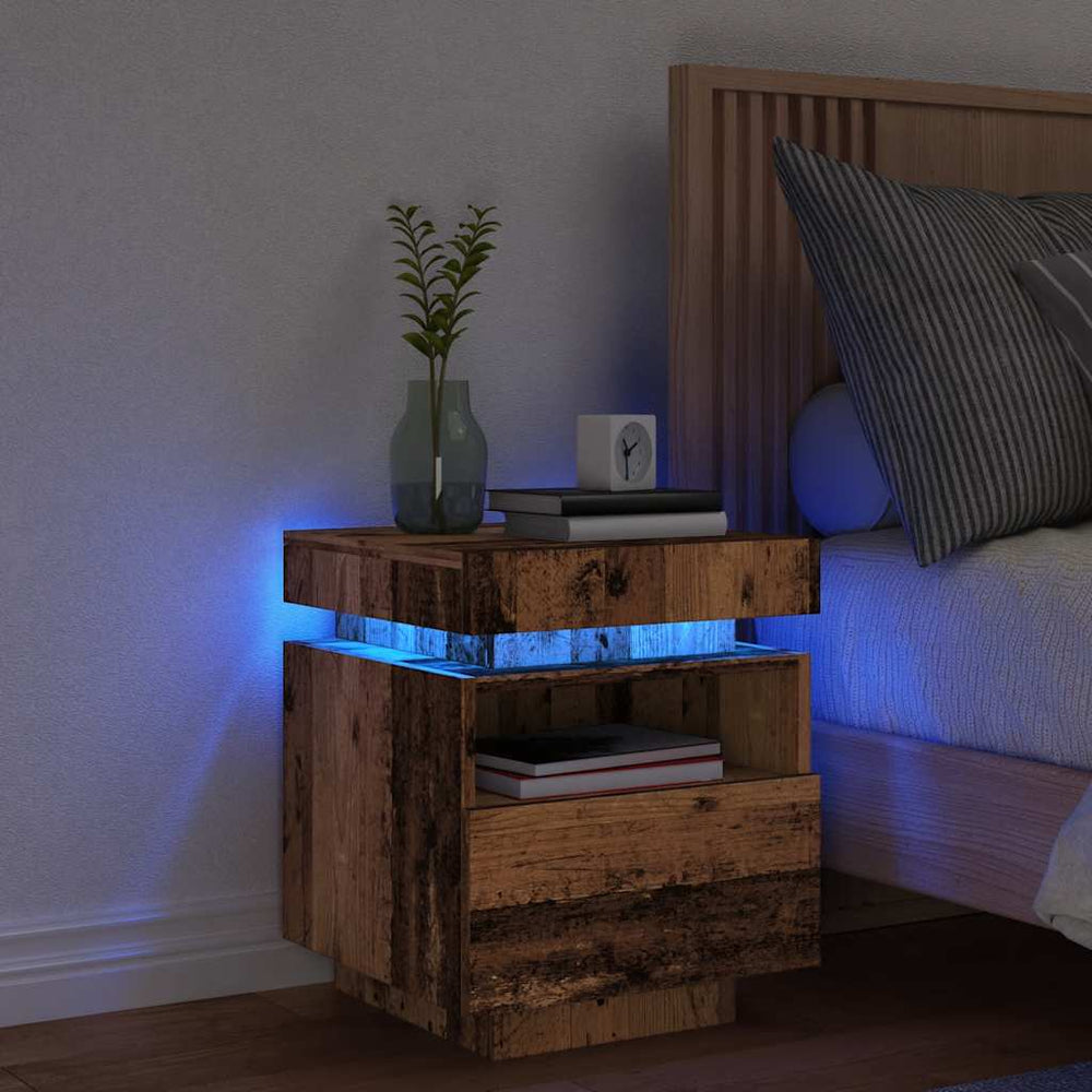 naktinė spintelė su LED lemputėmis, sena mediena 40x39x48,5 cm