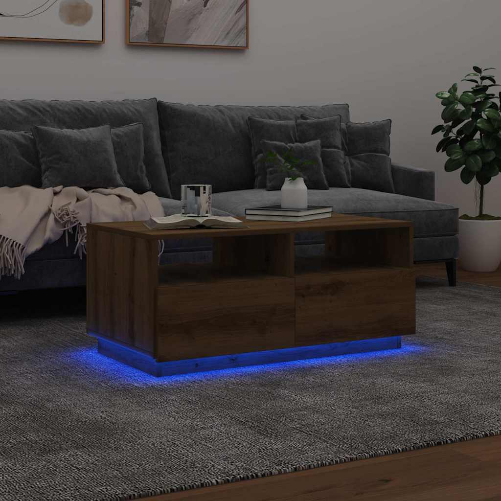 Kavos staliukas su LED lemputėmis, rudas ąžuolo, 90x49x40cm
