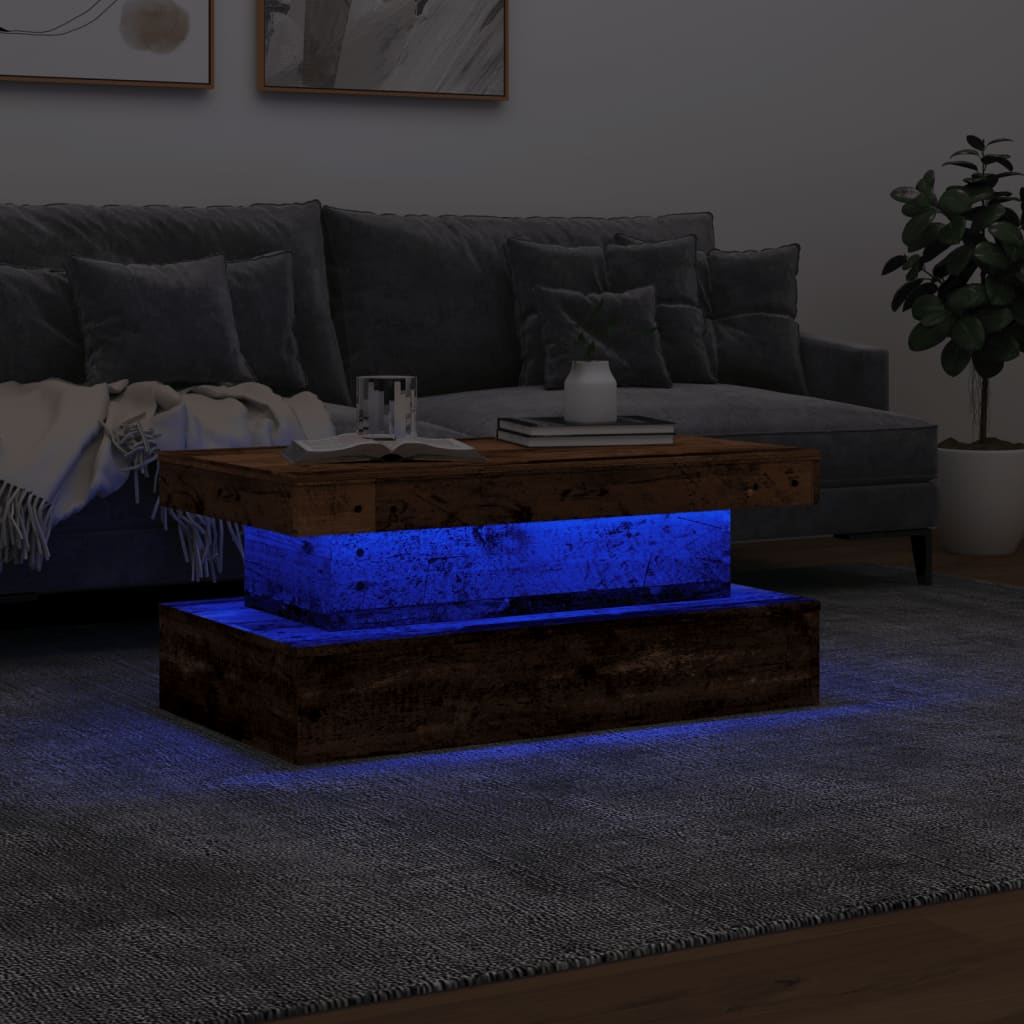 Kafijas galdiņš ar LED gaismām, koka, 90x50x40 cm