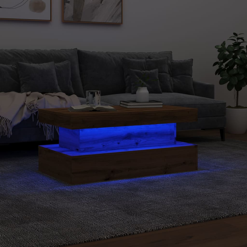 Coffee table with LED lights, artisan oak, 90x50x40cm