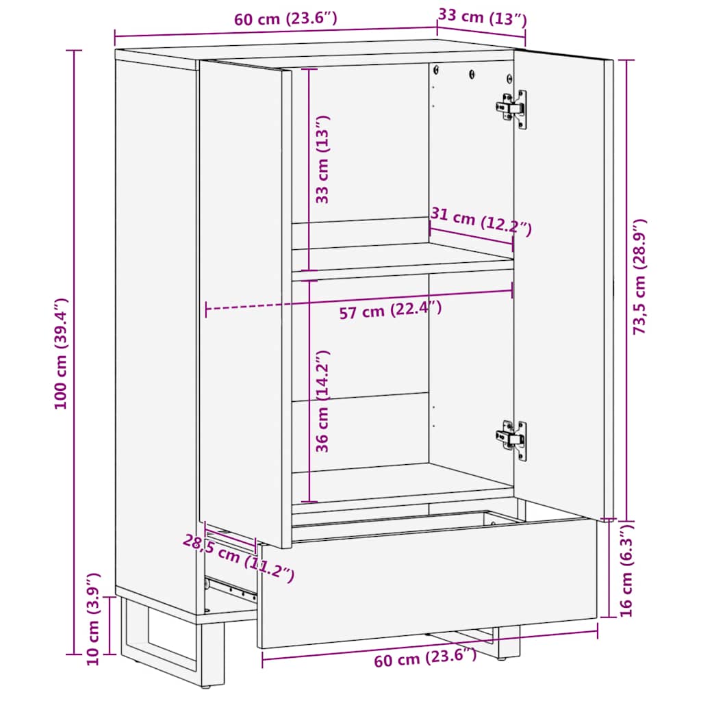 Chest of drawers, black, 60x33x100cm, solid mango wood