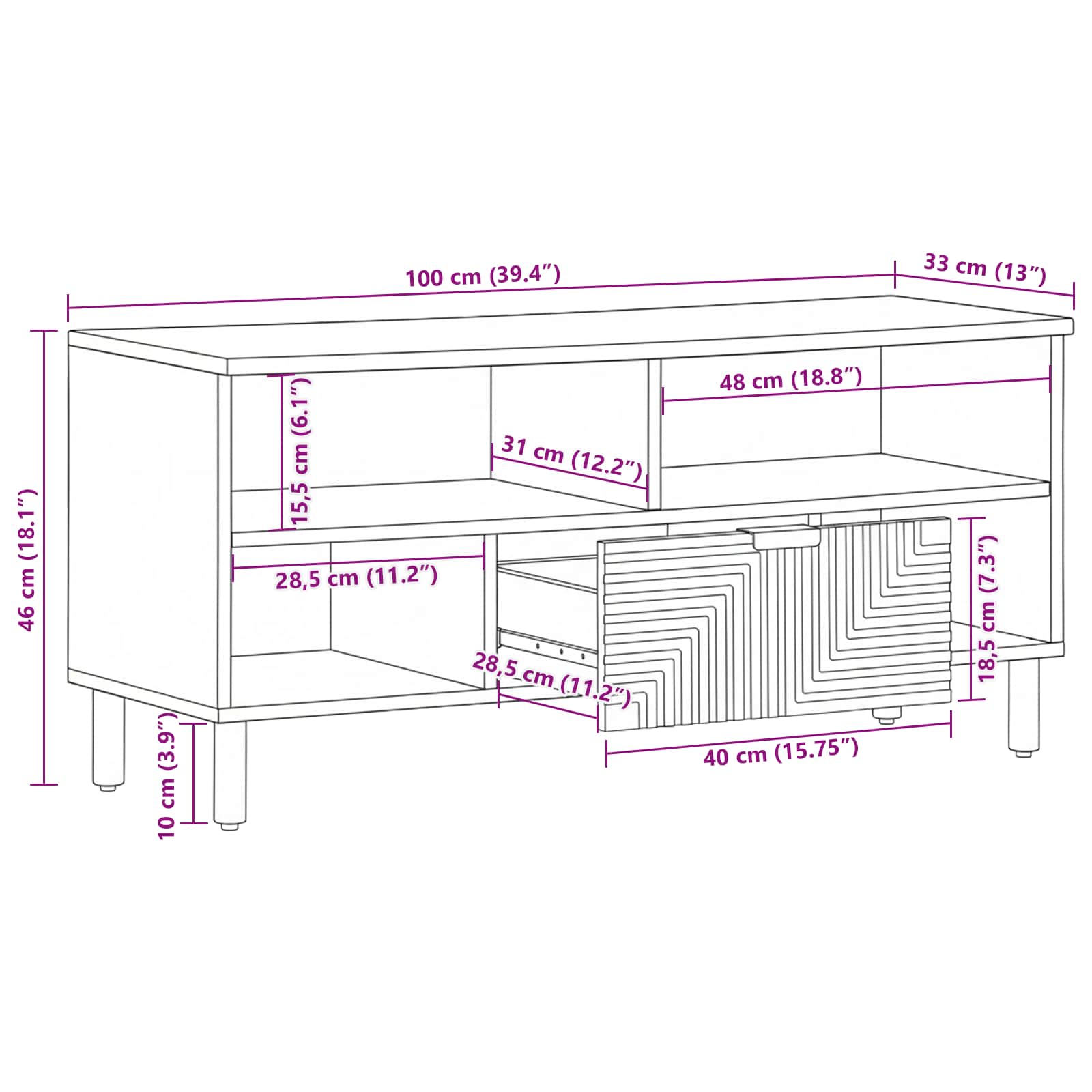 TV spintelė 100x33,5x46 cm iš tvirtos akacijos medienos