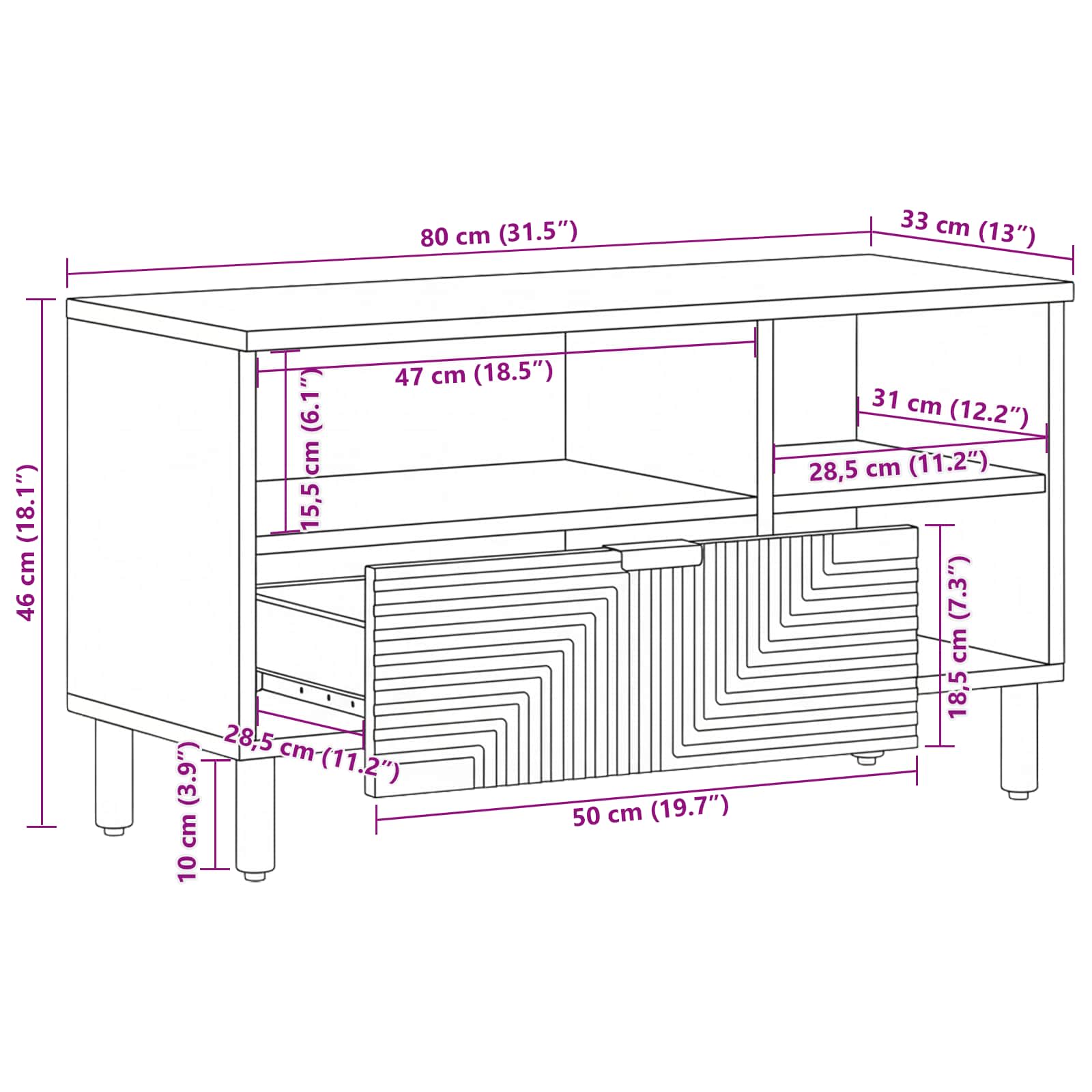 TV Staliukas 80x33,5x46 cm Iš tvirtos Akacijos medienos