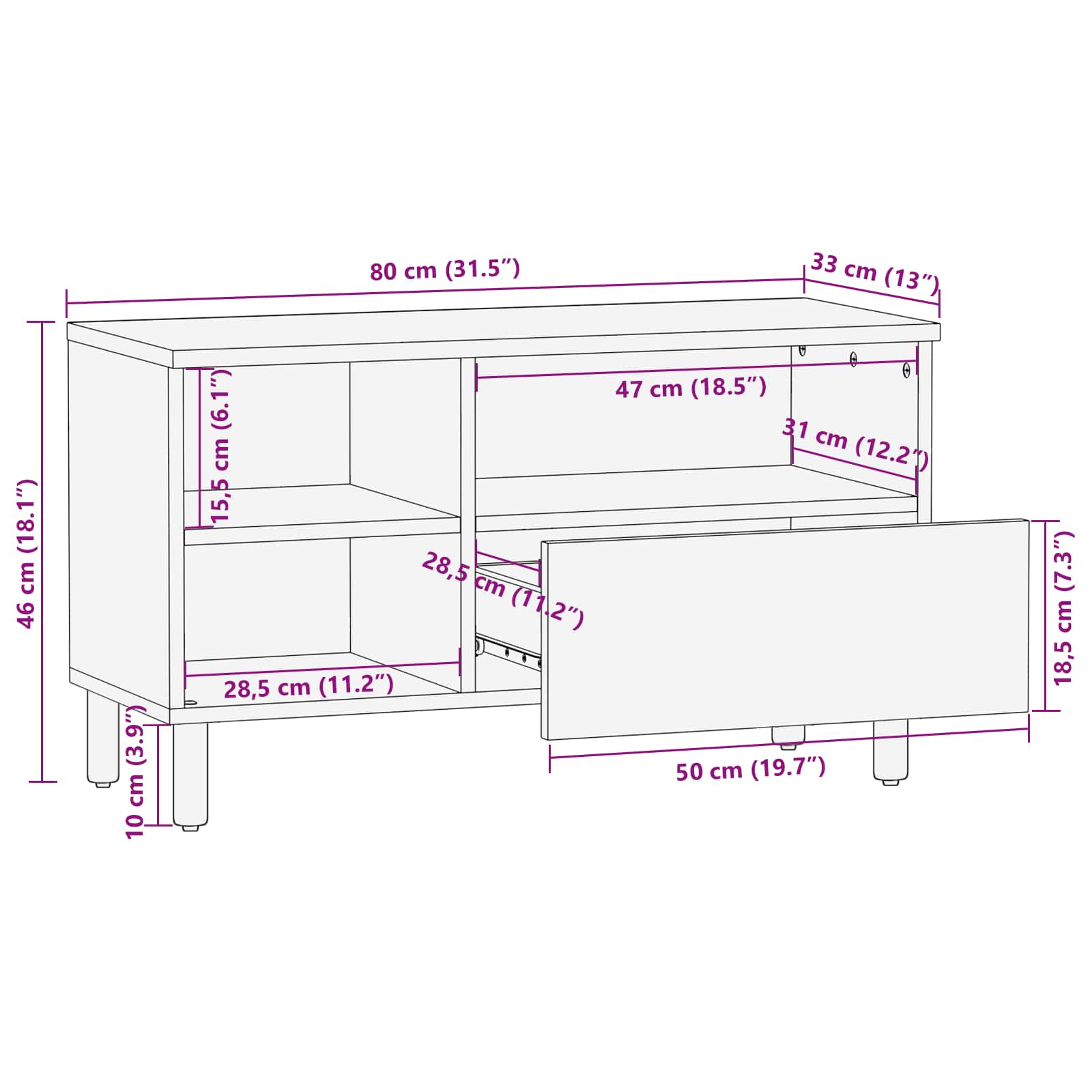 TV Cabinet Acacia Brown Finish 80 x 33.5 x 46 cm