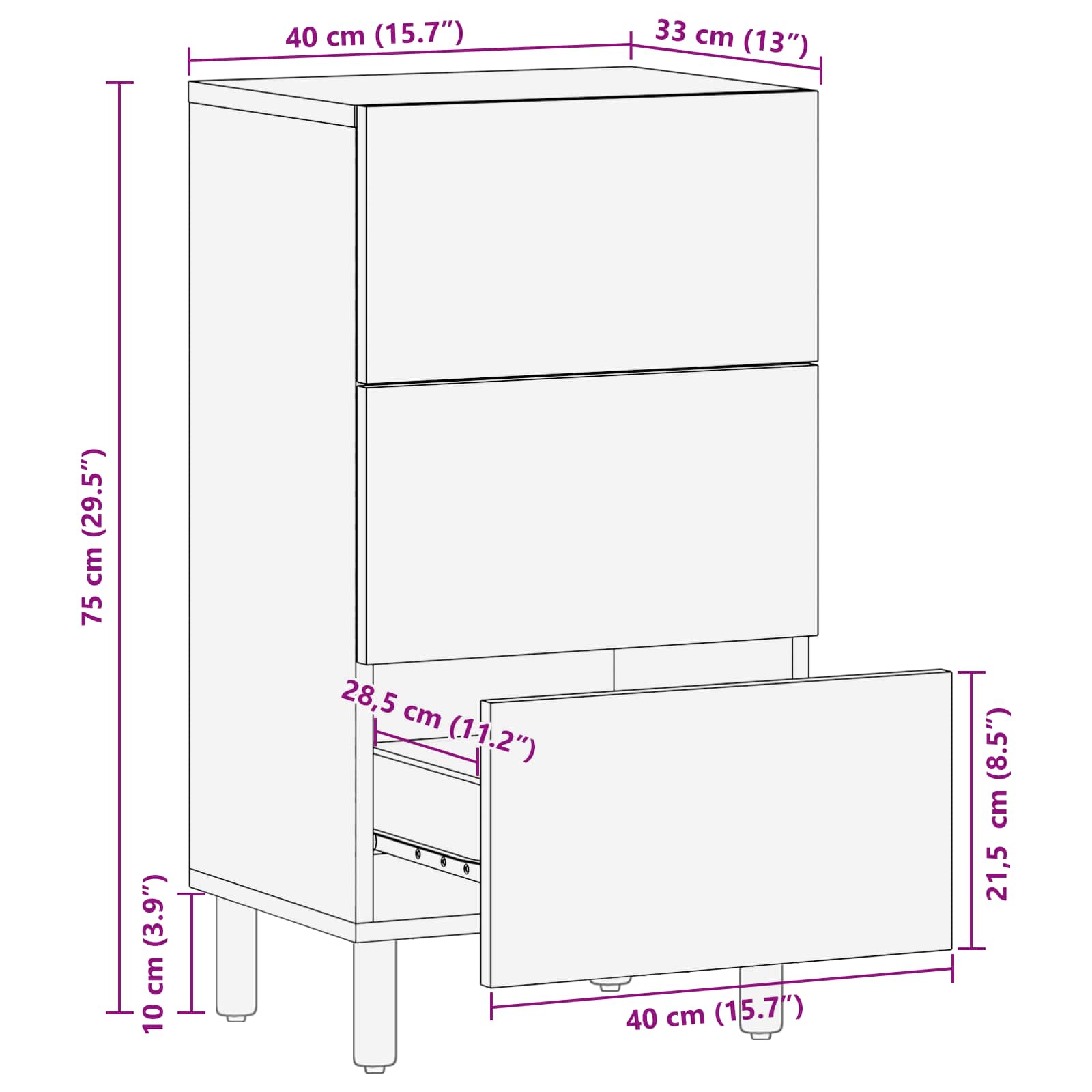 Cabinet with drawer Acacia brown finish 40 x 33.5 x 75 cm