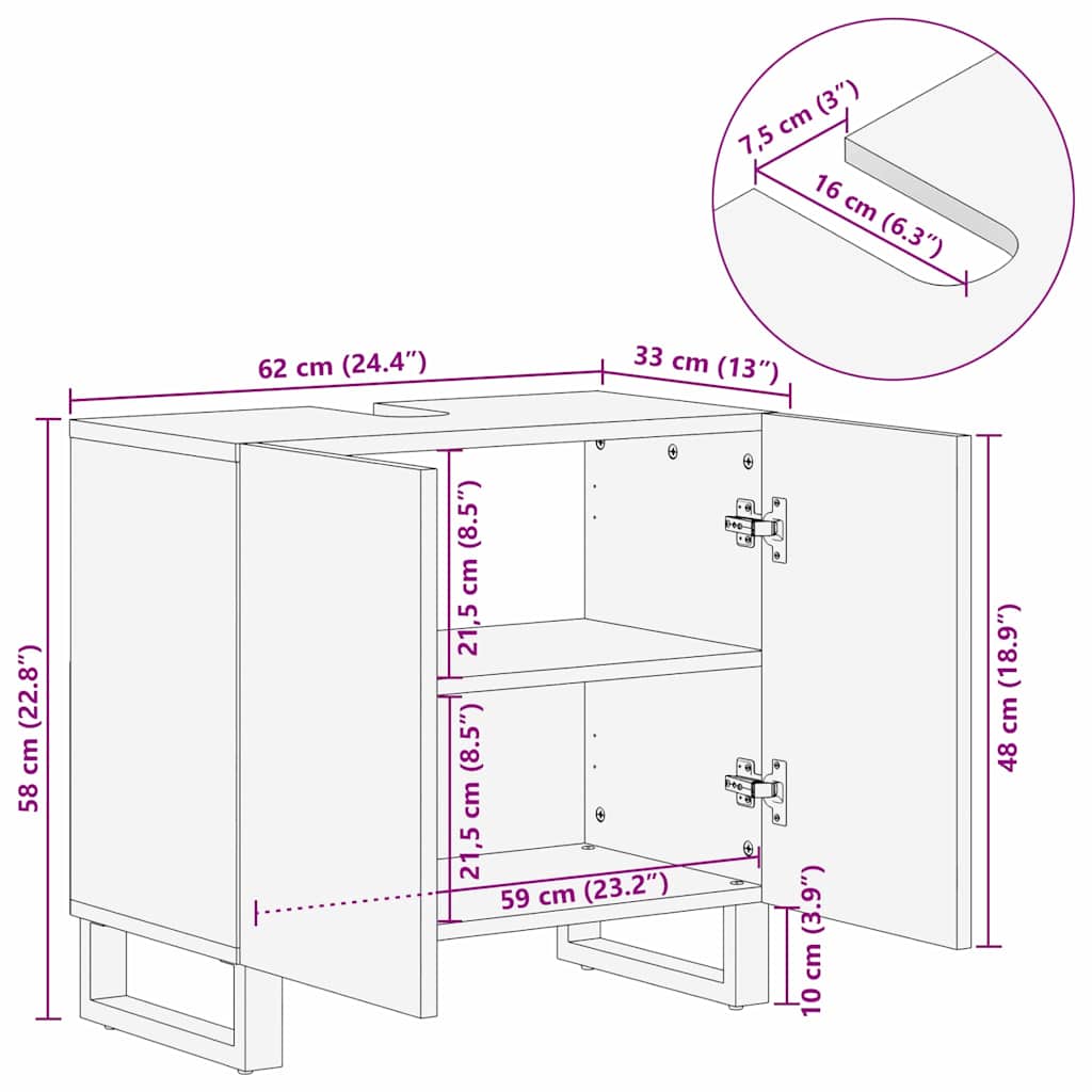 Kriauklės spintelė 62 x 33 x 58 cm, iš tvirto mango ir inžinerinio medžio