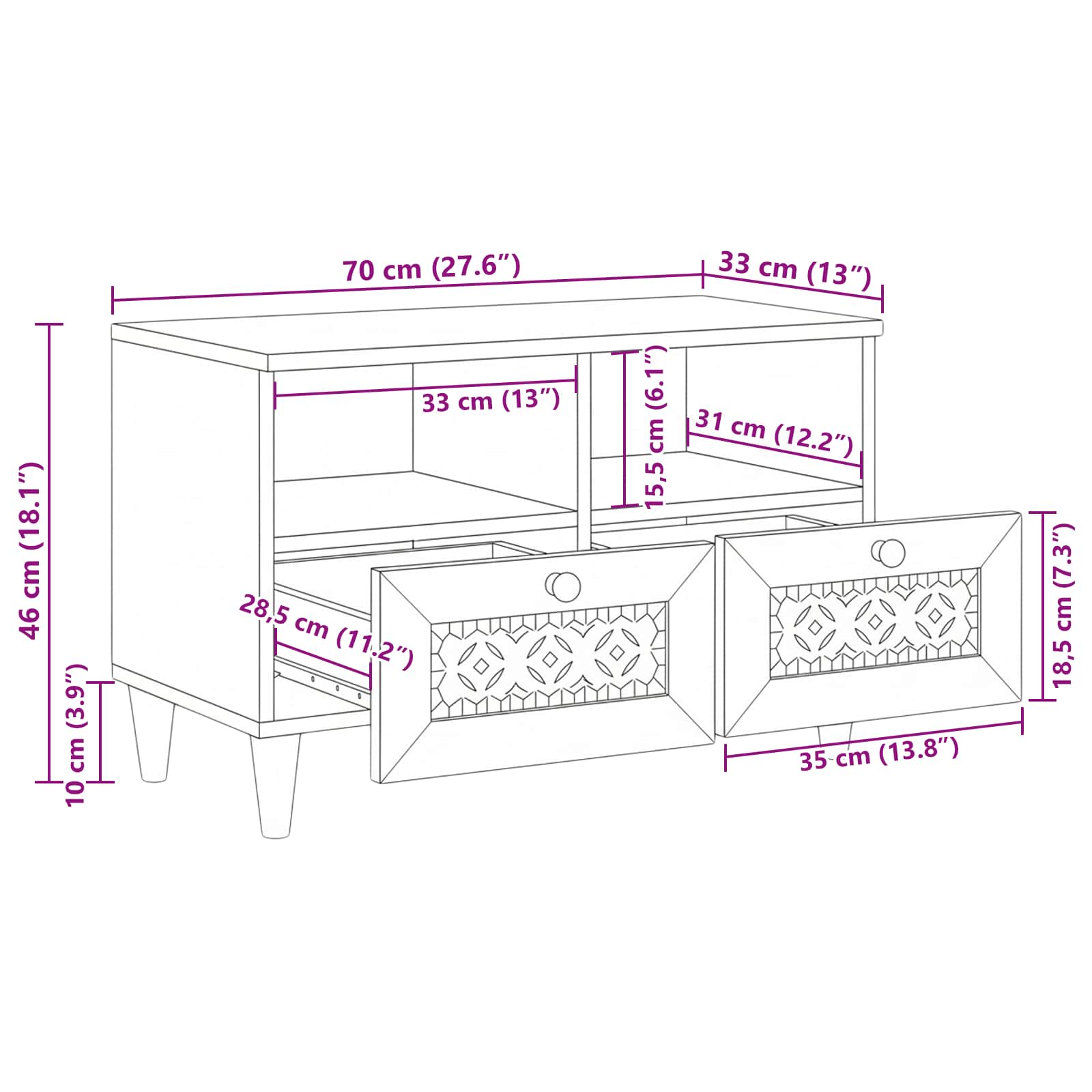 TV skapis ar atvilktnēm Balts 70 x 33 x 46 cm Inženierijas koks