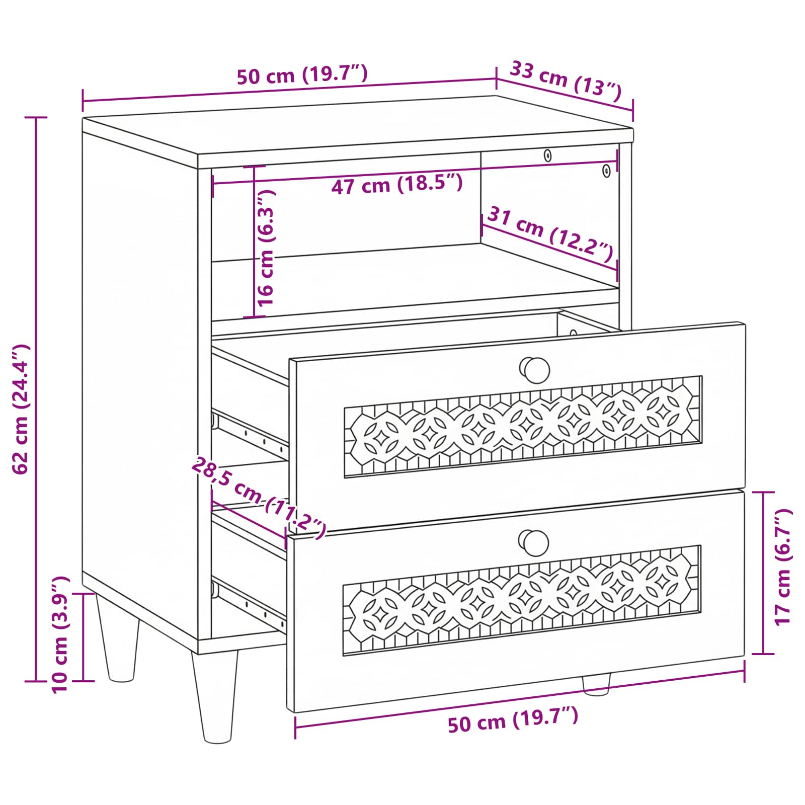 Bedside table with drawer Sand 50 x 33 x 62 cm