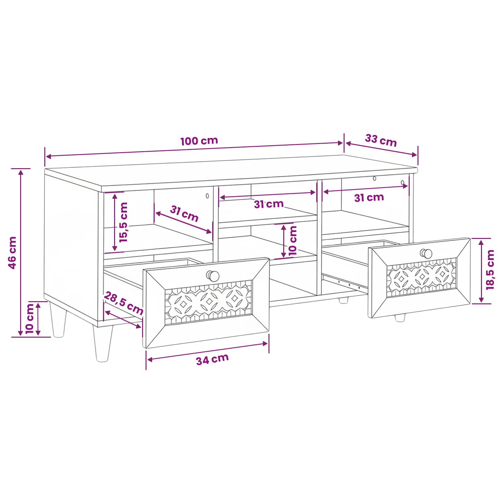 TV vienetai su stalčių Balta 100 x 33 x 46 cm Apdirbta mediena