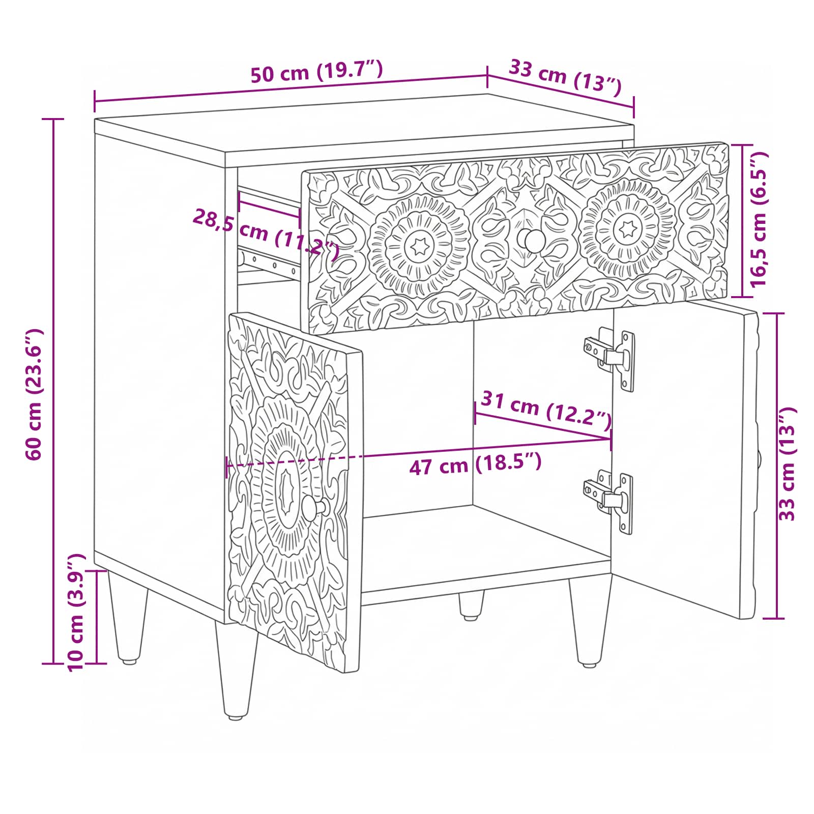 Bedside Cabinet White 50 x 33 x 60 cm Solid Mango Wood