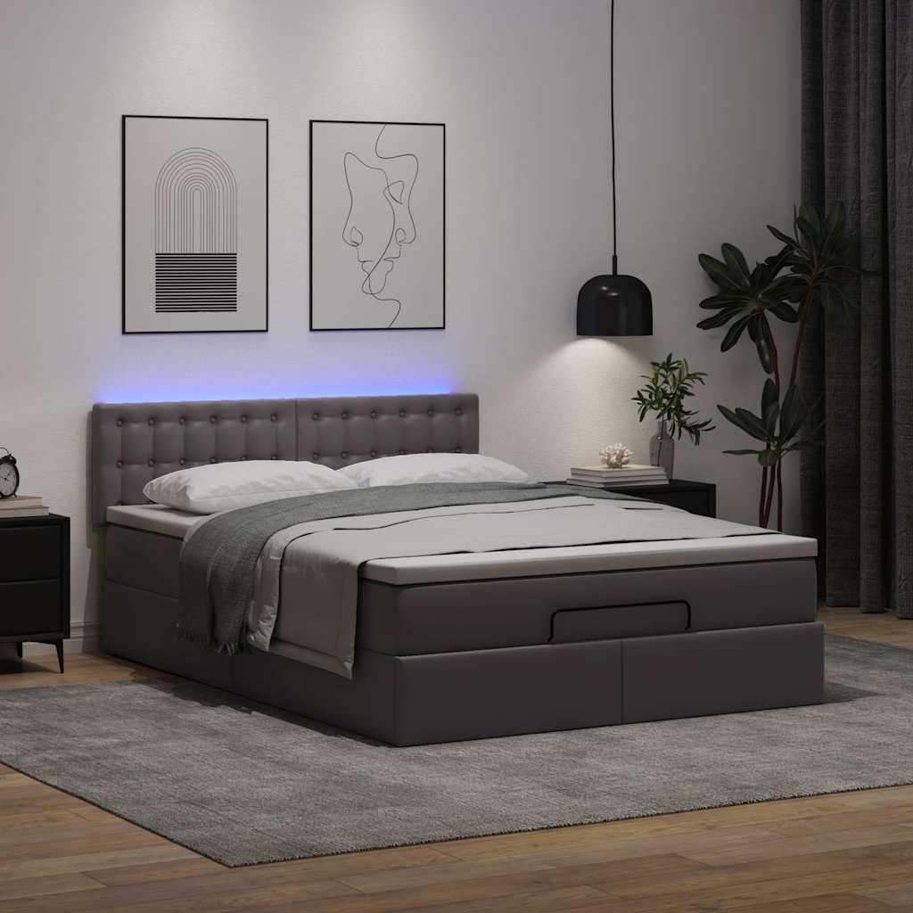 Osmanų lova su čiužiniais ir LED, pilkas, 140x200cm, dirbt. oda