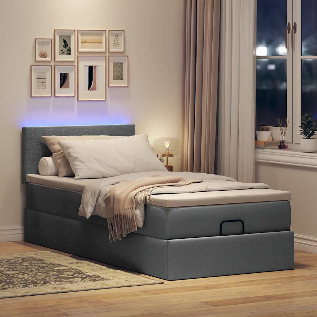 Osmanų lova su čiužiniu ir LED, tamsiai pilkas 90x200cm audinys