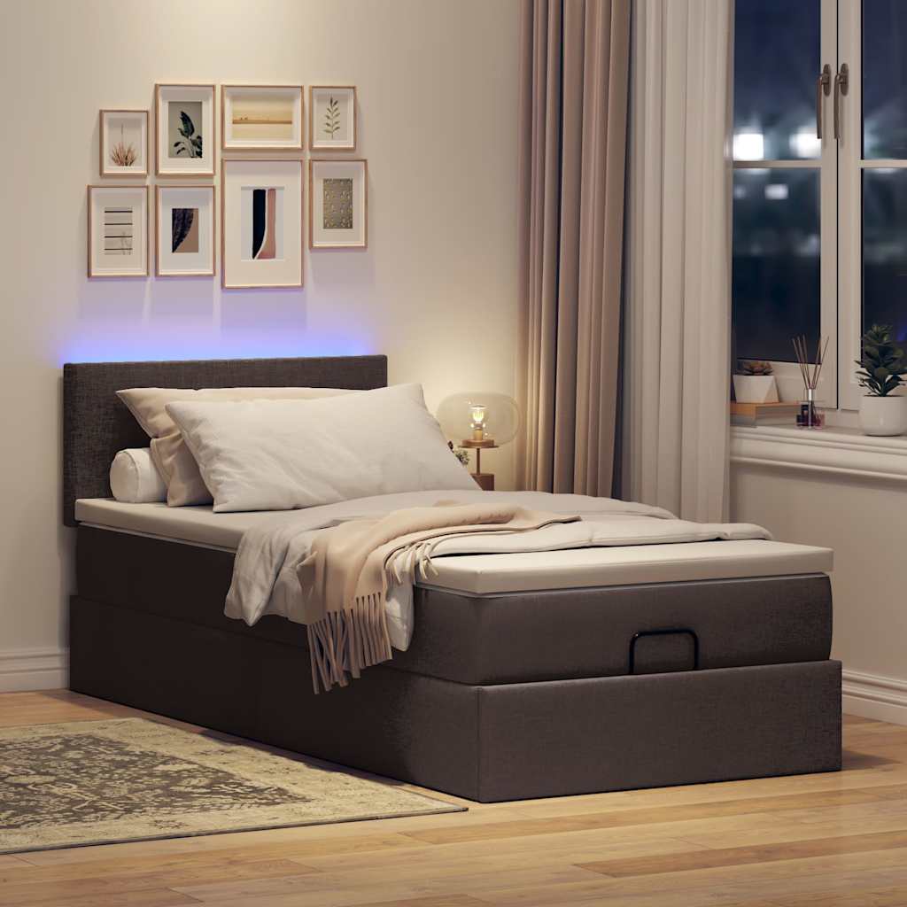 Osmanų lova su čiužiniu ir LED, tamsiai rudas, 90x200cm audinys