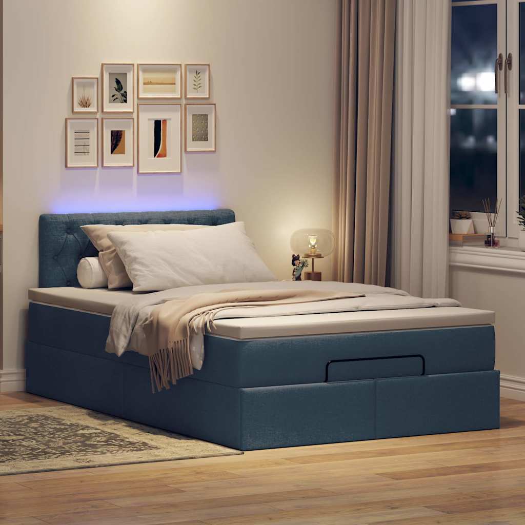 Otomānu gulta ar matraci un LED, zila, 120x190cm, audums