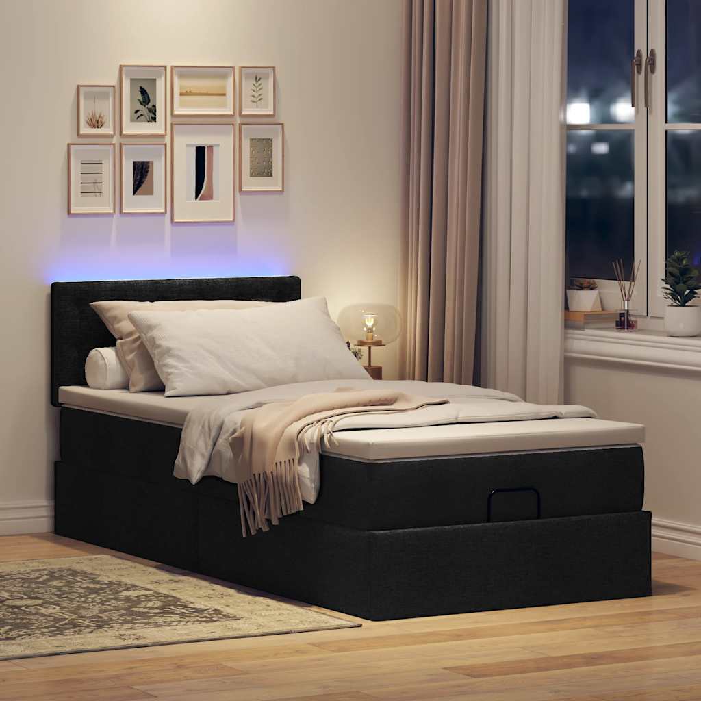 Osmanų lova su čiužiniu ir LED, juodas, 80x200cm, audinys