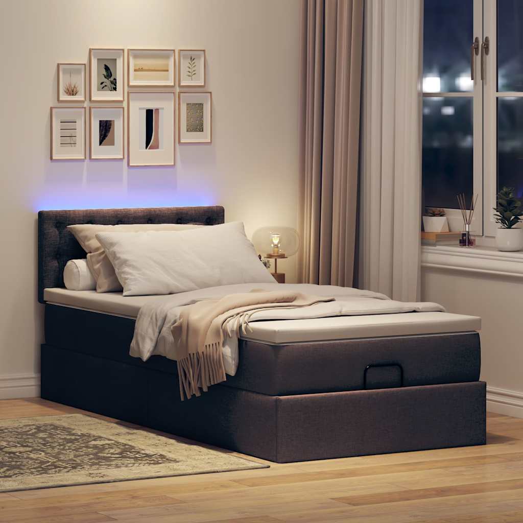Osmanų lova su čiužiniu ir LED, tamsiai rudas, 90x200cm audinys