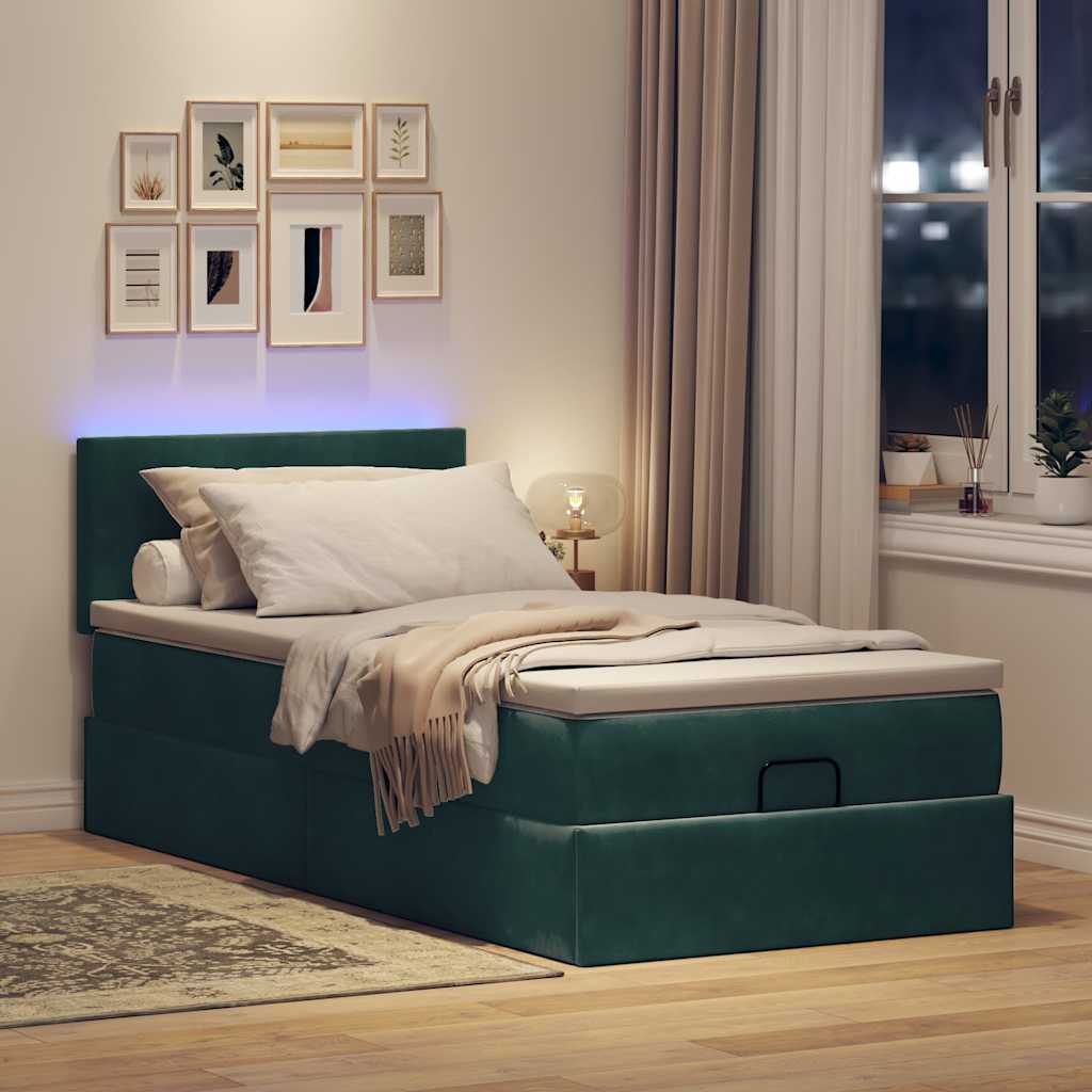 Osmanų lova su čiužiniu ir LED, tamsiai žalias 80x200cm aksomas