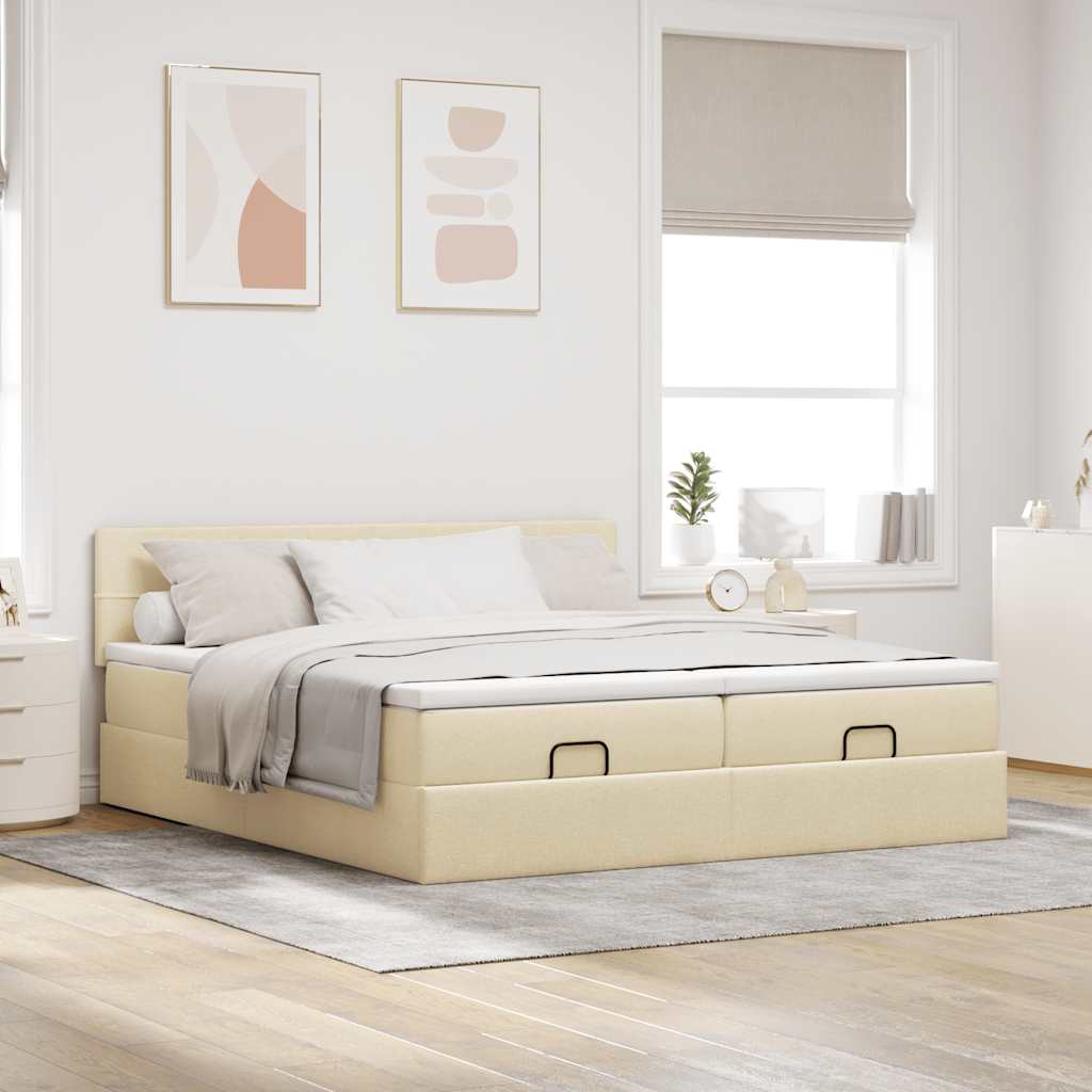 Ottoman bed frame with mattresses, cream, 200x200cm, fabric
